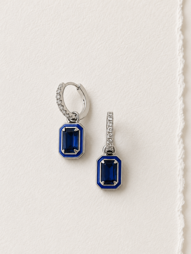925 Sterling Silver Zircon Navy Enamel Earring