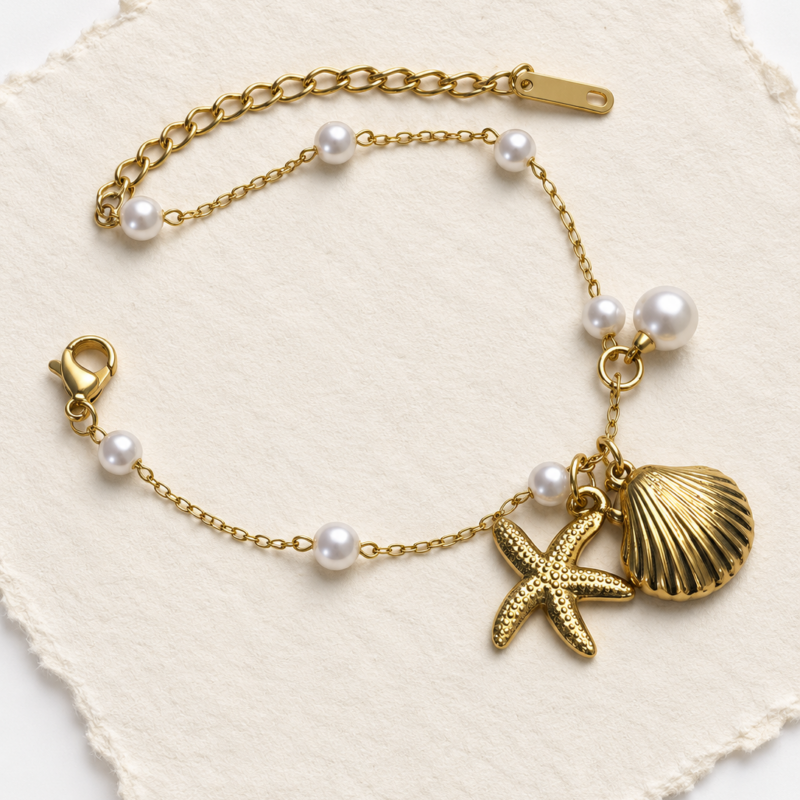 18K Gold Plated Stainles Steel Shell Glass Pearl Bracelet