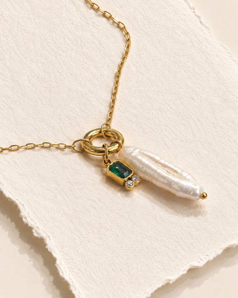 18K Gold Stainless Steel Freshwater Pearl Zircon Pendant Necklace