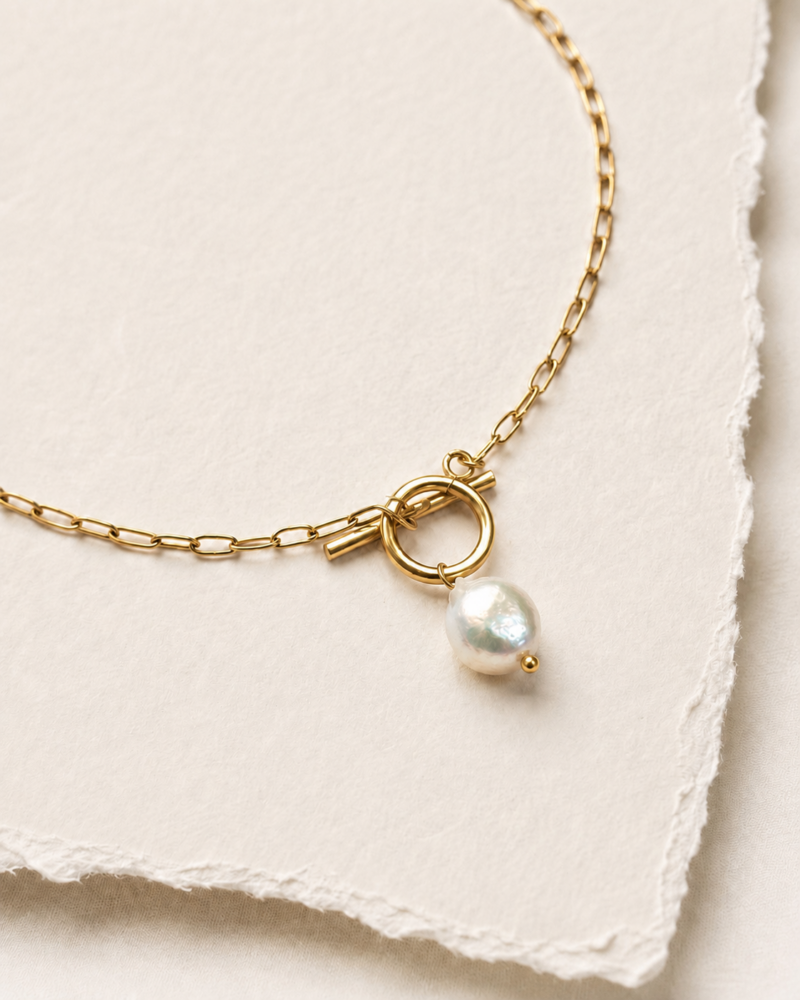 Stainless Steel Gold Colour Pearl Pendant Necklace