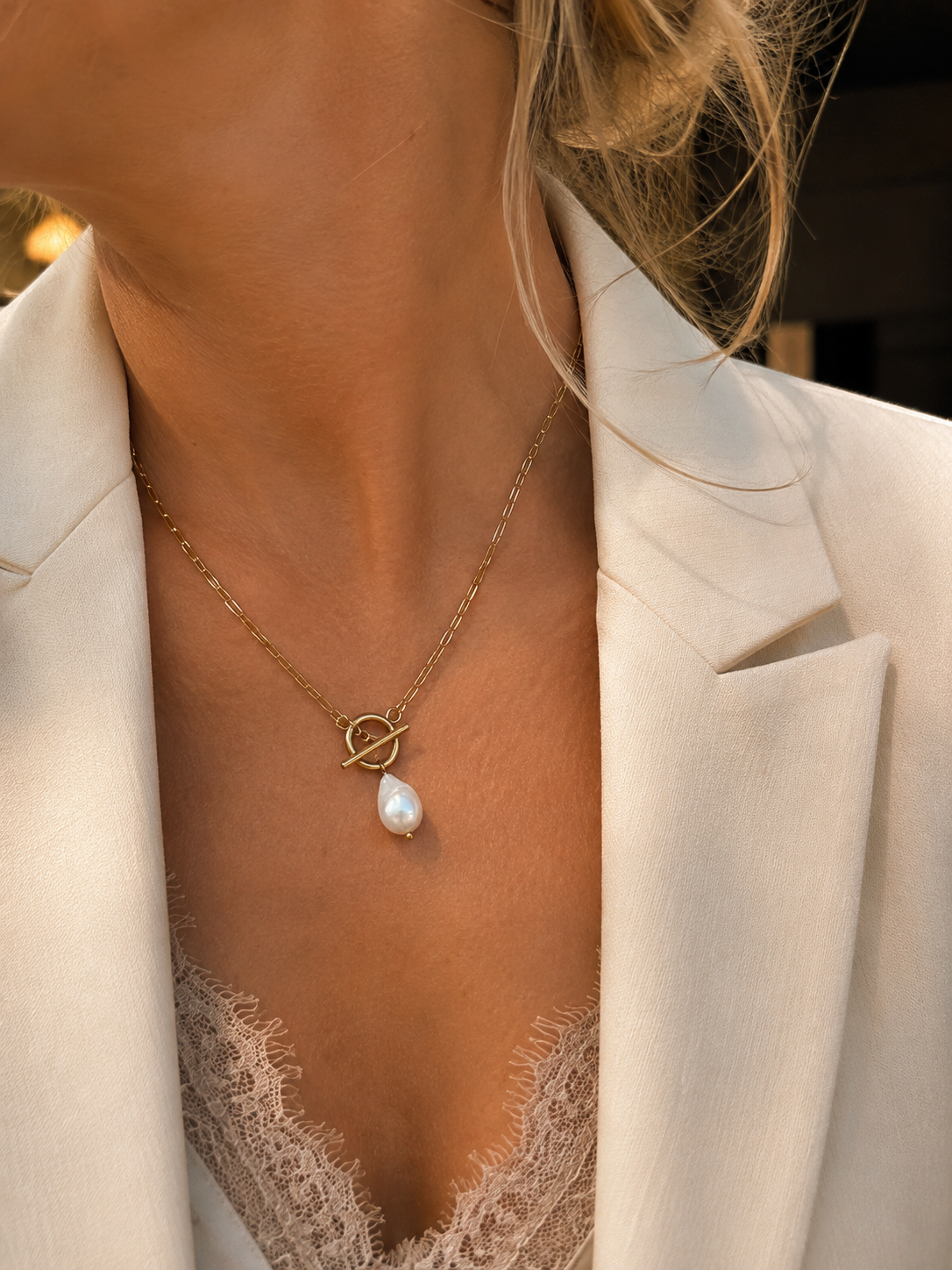 Stainless Steel Gold Colour Pearl Pendant Necklace