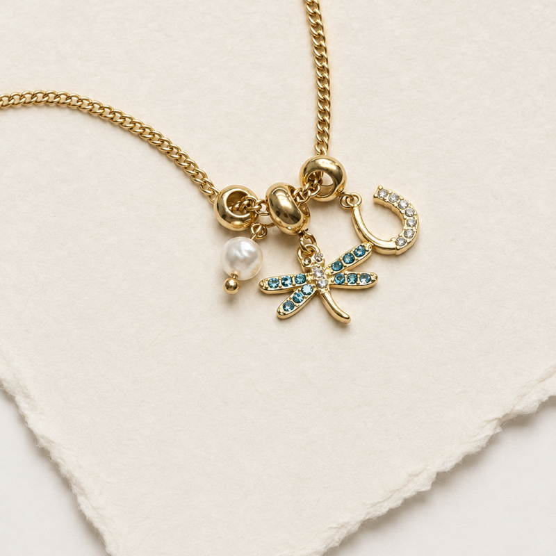 N00030 2 18K Gold Plated Stainless Steel Zircon Dragonfly Necklace