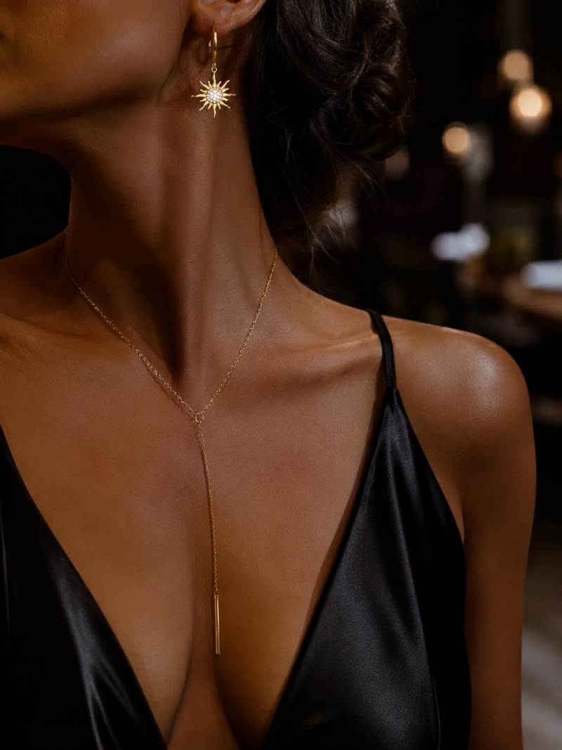 Stainless Steel Gold Colour Long Bar Pendant Necklace