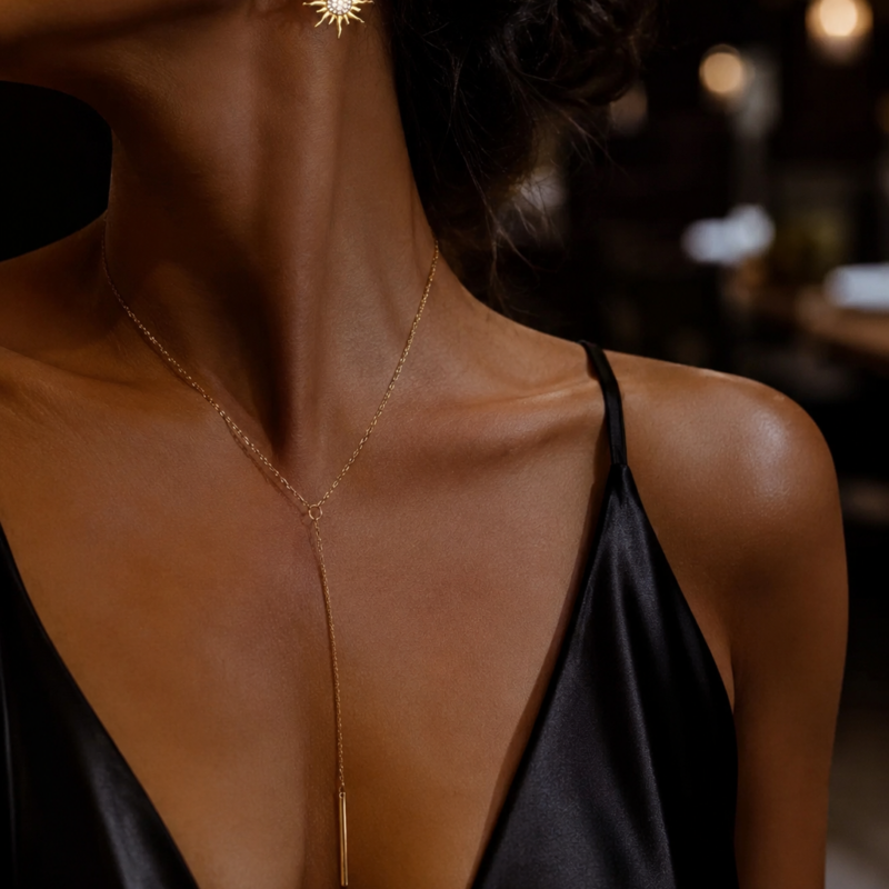 N00044 5 Stainless Steel Gold Colour Long Bar Pendant Necklace