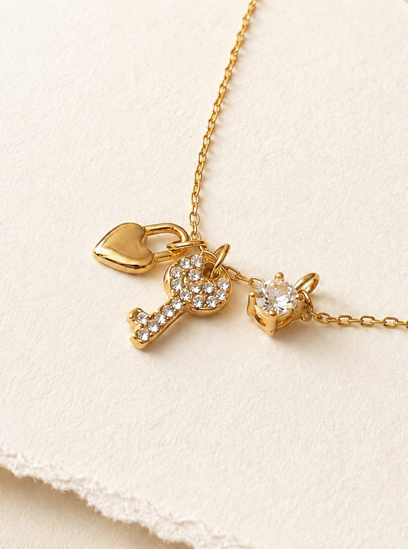 18K Gold Plated Stainless Steel Triple Pendant Necklace